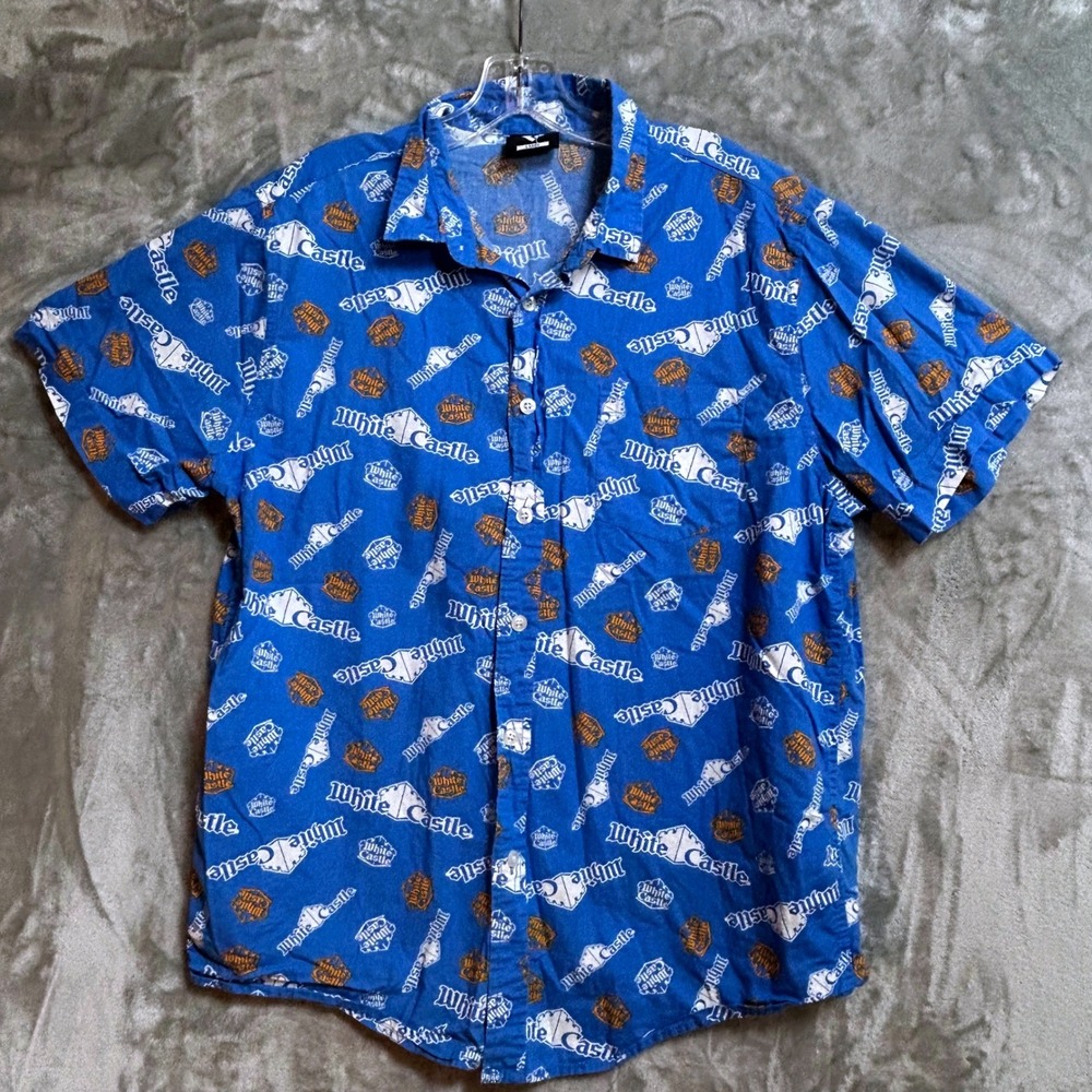 White Castle Mens Large Blue All Over Logo Print Short Sleeve Button Down Shirt